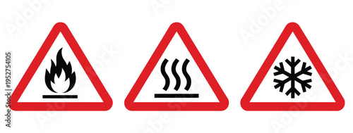 Set of hazard warning signs, including fire hazard, hot surface, and cold temperature safety symbols, perfect for workplace safety, industrial environments, and regulatory compliance signage.