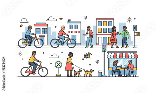 Street scenes reflecting multicultural interactions with people riding bikes, walking dogs, and chatting on a busy city street, showing everyday urban life and