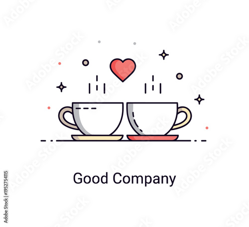 Friends coffee break bonding scene with two cups placed close together and a small heart icon floating above, conveying casual connection and relaxed