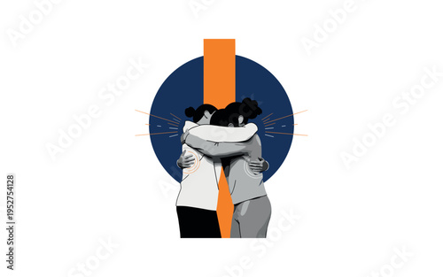 Monochrome close composition of intertwined figures in a protective hug, dramatic contrast and vintage feel, large abstract circle behind in deep cobalt