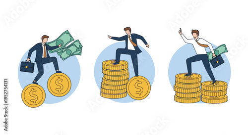 Businessmen stepping on stacks of gold coins for wealth growth