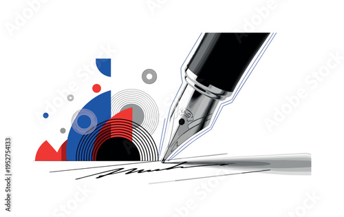 A monochrome pen tip touching paper mid-signature, enlarged dramatically, surrounded by abstract semicircles and concentric circles symbolizing legacy, flat