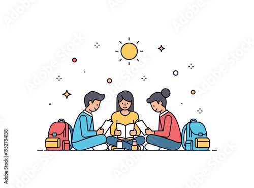 Late afternoon campus study circle showing students sitting with backpacks nearby and reviewing materials together. Gentle sun icon and subtle sparkle accents