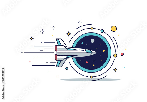 Warp speed jump streamlined starship entering a circular portal with radiant rings and tiny spark accents, conveying high velocity transit across vast cosmic