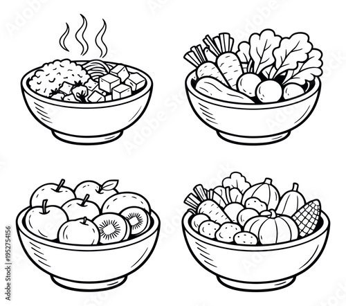 Hand drawn line art food bowls set featuring a balanced diet of meals, fruits, and vegetables for healthy eating
