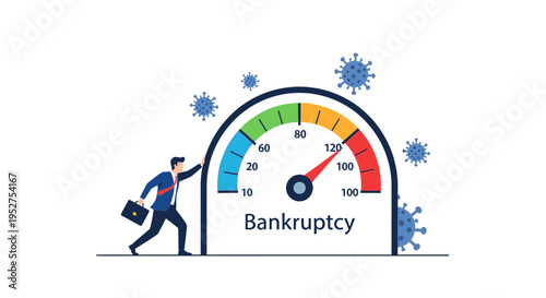 Businessman pushing bankruptcy gauge with virus icons