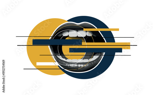 A monochrome open mouth mid-speech, intersected by large flat circular shapes and abstract rectangular color blocks representing dialogue layers,