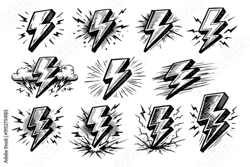 Hand drawn lightning bolt set featuring various thunder and energy flash designs for comic books