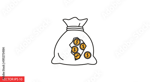 Money bag with hole leaking dollar coins vector illustration