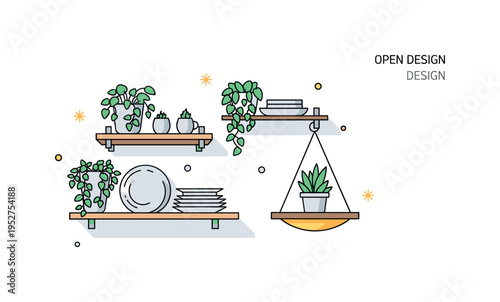 Open shelving design theme illustrated with minimal floating shelves holding plates and plants, expressing balance between practicality and decorative style.