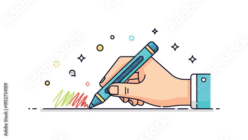 A hand holding a crayon mid-drawing, surrounded by colorful scribbles and tiny stars, capturing creativity, focus, and fun artistic activity. Minimalist flat