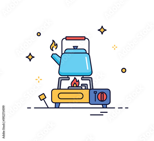 Camping stove portable single burner stove with a small kettle heating on top and subtle flame accent, representing outdoor cooking and adventure lifestyle.