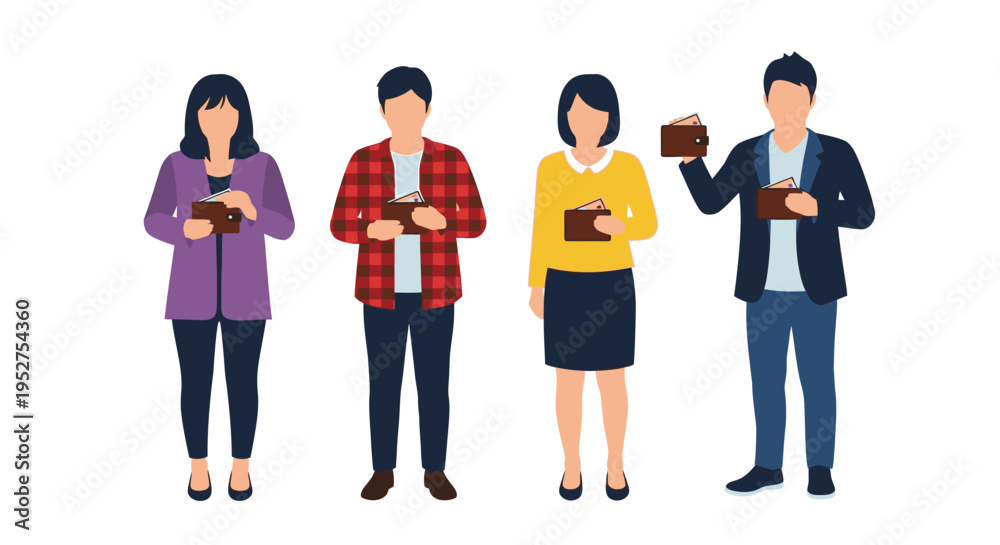 Obraz premium Diverse people holding money in wallets vector illustration