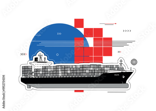 Black and white retro cargo ship loaded with stacked containers as the main object, bold blue circle behind the ship, red geometric rectangles forming abstract