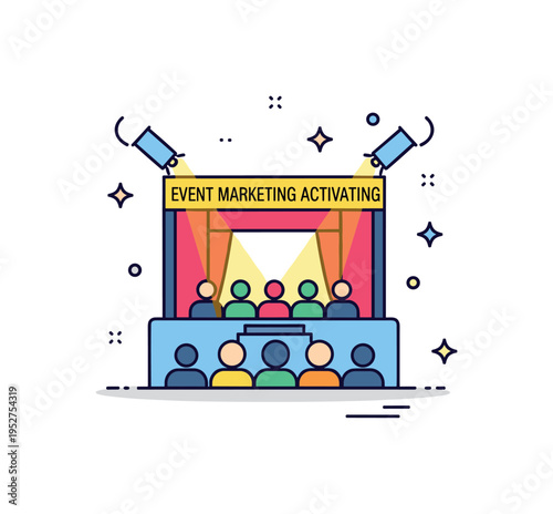 Event marketing activation concept shown through a small stage icon with spotlight accents and audience silhouettes, expressing experiential branding and live