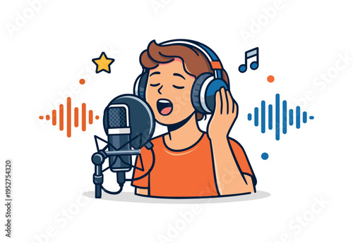 Studio recording session with famous vocalist portraying a performer wearing headphones in front of a microphone and sound wave icons, symbolizing creative