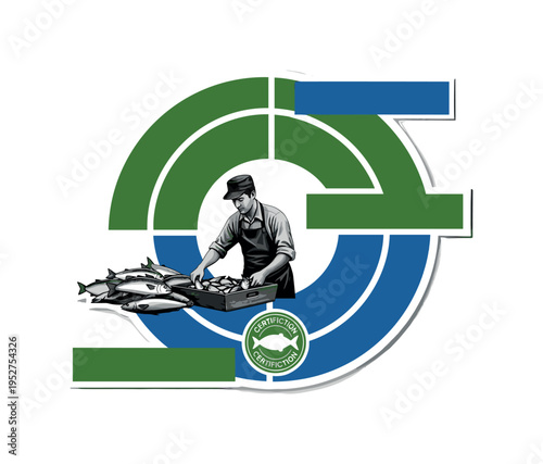 Monochrome fish market worker sorting catch responsibly, bold abstract semicircles representing ocean cycles, flat rectangular shapes symbolizing certification
