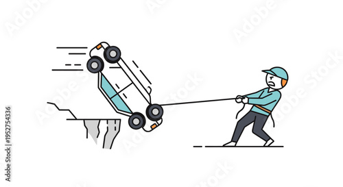 Man pulling car with rope from cliff edge vector illustration
