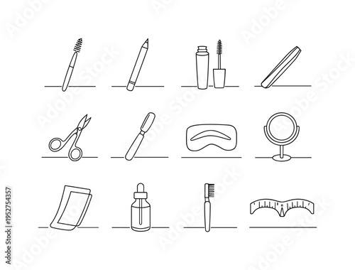 "Eyebrow Beauty Routine". Minimalistic set one-line drawing eyebrow brush spoolie, eyebrow pencil, eyebrow gel tube, eyebrow tweezers, eyebrow scissors,