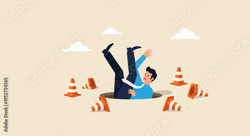 Businessman Falling into Hole with Traffic Cones Illustration
