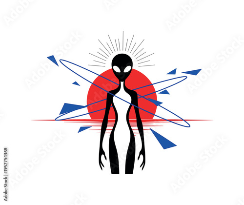 Black and white alien figure simplified into sleek organic shapes, bold red circle behind like planetary horizon, cobalt blue geometric shards orbiting around,