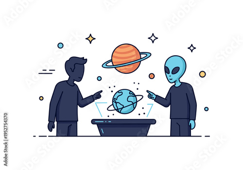 Shared research platform human and alien silhouettes observing a floating 3D planet model generated by a compact holographic table, expressing collaborative
