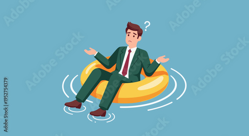 Businessman in suit sitting in yellow lifebuoy on water