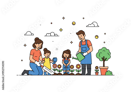 Documenting everyday activities with family gardening together in a backyard, planting flowers and watering plants while capturing smiles and teamwork.