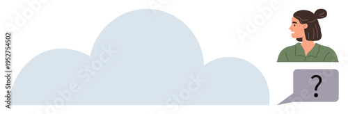 Communication, curiosity, brainstorming, ideas, problem-solving, technology. Woman observes cloud form with speech bubble and question mark. Curiosity and brainstorming concept