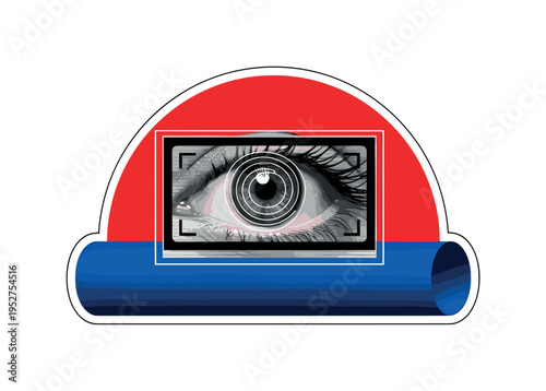 Black and white eye combined with rectangular video frame overlay, bright red semicircle behind as emotional trigger, thin contour rings around pupil, deep