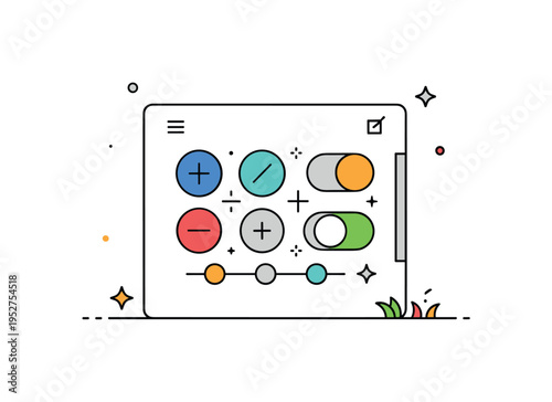 Minimal UI components set represented by a small cluster of buttons, toggles, and sliders arranged neatly within a device frame, communicating modular design