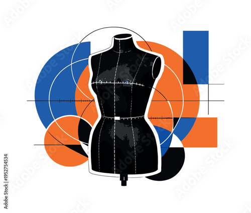 black and white retro female mannequin torso with white outline cut-out effect, intersecting circles and semicircles forming a fashion pattern around the body,