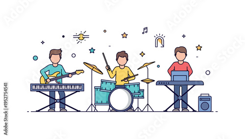 Music rehearsal showing a small band practicing together with instruments like guitar, drums, and keyboard, emphasizing teamwork, rhythm, and preparation.