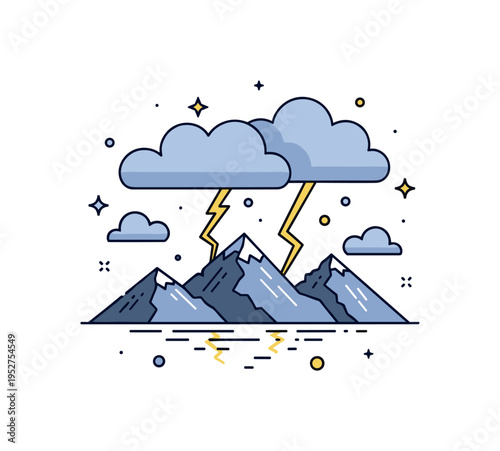 Stormy sky over a mountain range with lightning arcs splitting the clouds and reflecting on distant peaks, highlighting power, majesty, and natural drama.