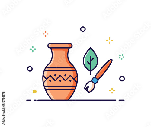 Traditional craft revival concept featuring a pottery vase icon paired with a small leaf and brush symbol, expressing continuity, handmade skill, and