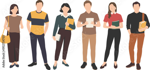 Flat Vector Illustrations of Diverse Young Men and Women Students Standing Together Holding Books and Bags in Casual Clothing Isolated on a White Background