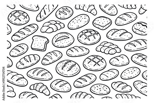 Hand drawn line art bread set featuring various baked goods for breakfast and bakery designs