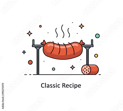 Smoked sausage hanging from a small rack with subtle steam accents emphasizing aroma and traditional preparation. A compact ?Classic Recipe? caption reinforces