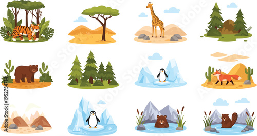 Set of Wildlife Animal Habitats Featuring Tiger Bear Giraffe Penguin Fox and Forest Desert Arctic Environments in Flat Vector Illustration Style.