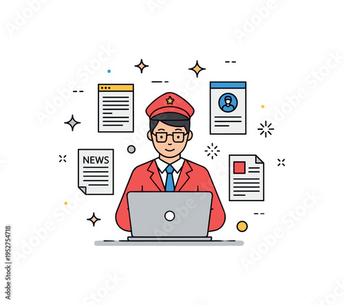 Newsroom scene with a reporter typing on a laptop surrounded by notes and small decorative stars, emphasizing professional responsibility, accuracy, and