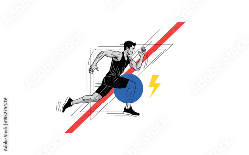 Black and white athletic joggers in dynamic running pose, oversized vivid blue circle aligned with knee bend, sharp red diagonal bar crossing composition for