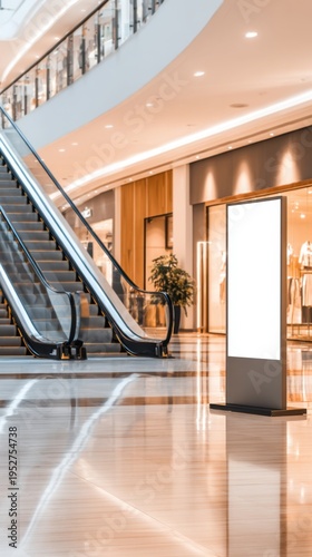 A modern shopping mall interior featuring an escalator and an illuminated advertising display