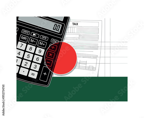 Realistic black and white calculator partially overlapping a tax document, bold red circle intersecting calculator keys, deep forest green horizontal base