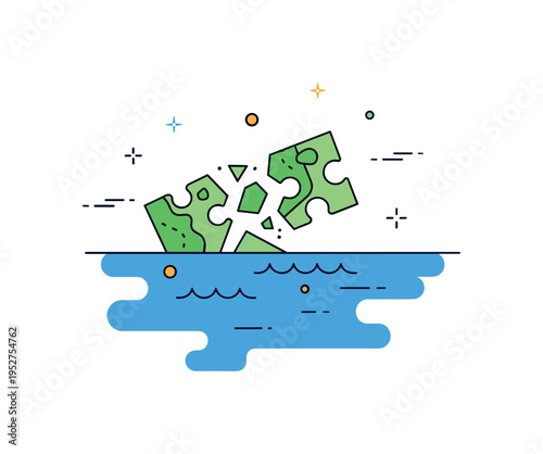 Continental drift concept illustrated by separated puzzle like land pieces slowly moving apart across a simplified blue ocean shape. The scene communicates