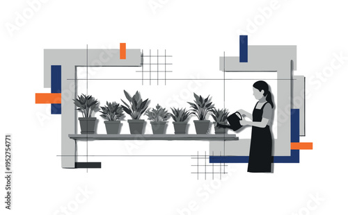Black and white indoor plant shelf with a person carefully watering each pot in sequence, structured rectangular blocks and thin grid overlays suggesting