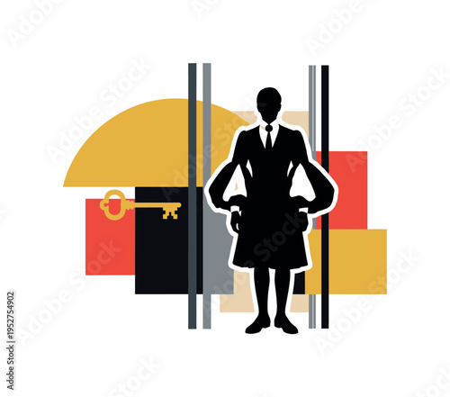 Full-body black and white silhouette of a person in elegant Victorian-era attire with dramatic sleeves, cut-out effect with subtle white contour, oversized