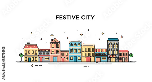 Illuminated city holiday decorated street scene with small building facades adorned by warm light accents and tiny star elements above, expressing seasonal