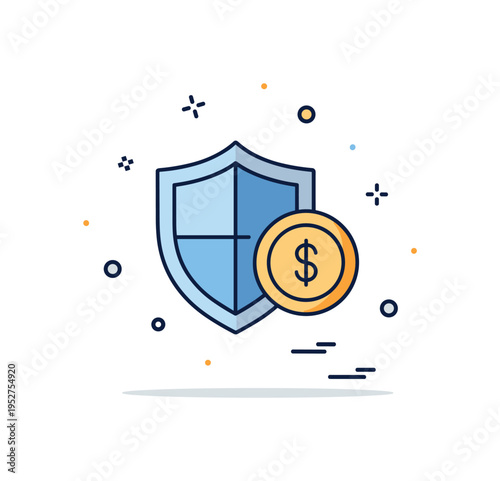 Currency stability assurance concept featuring a shield icon protecting a single coin with tiny star accents around it. The scene communicates trust,