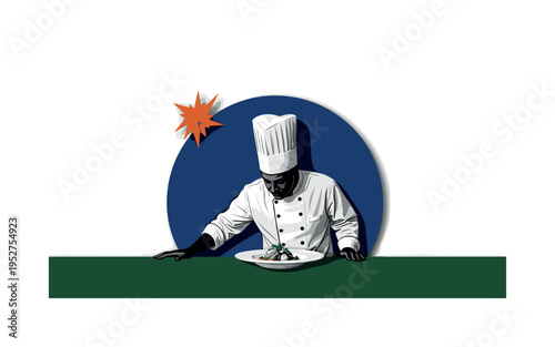 Black and white chef silhouette surrounded by abstract food shapes from various cultures, bold cobalt blue semicircle backdrop behind upper body, warm red