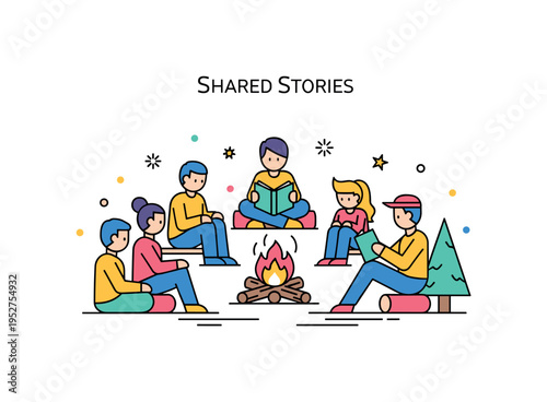 Campfire storytelling atmosphere shown with a small group sitting around a simple flame while one figure reads from a book. A subtle ?Shared Stories? label